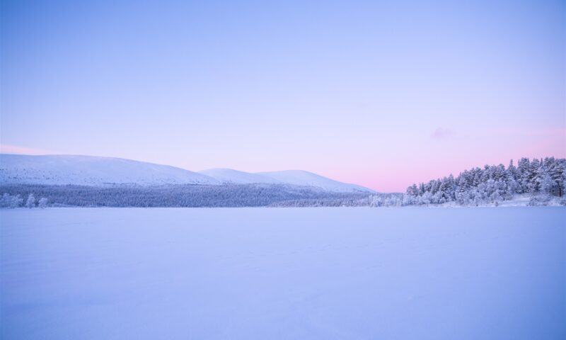 Enjoy snowmobiling under the soft glow of Lapland skies.